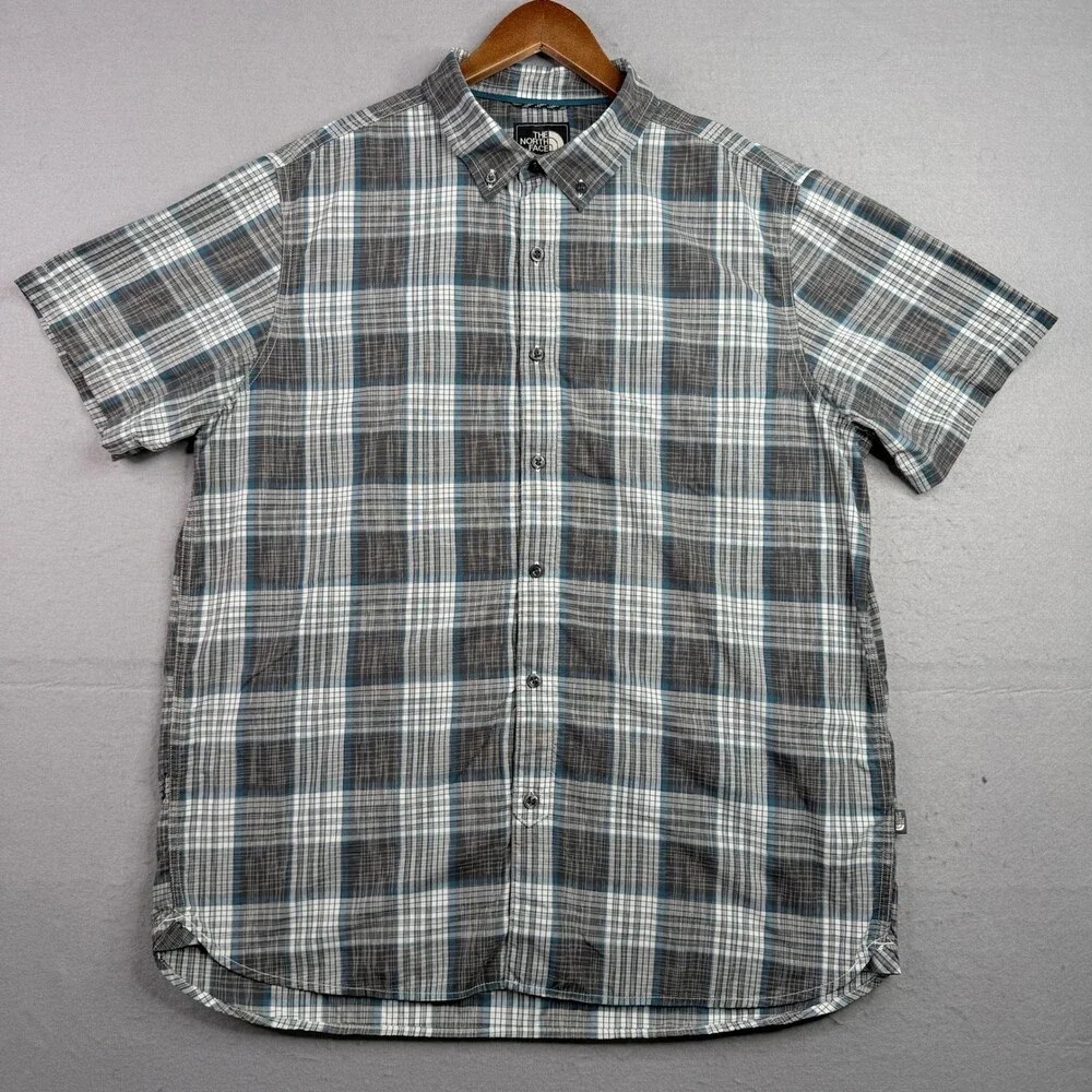 The North Face Shirt Mens XL Gray Blue Plaid Short Sleeve Button Down Nylon